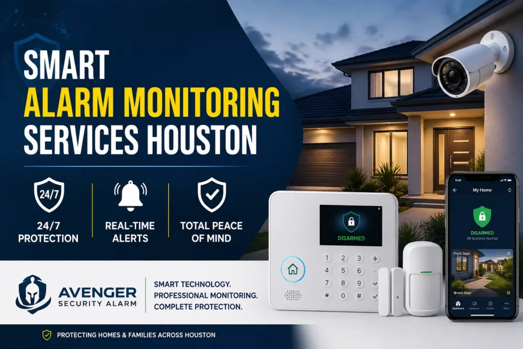 Smart alarm monitoring services Houston with 24/7 protection, real-time alerts, and peace of mind by Avenger Security Alarm