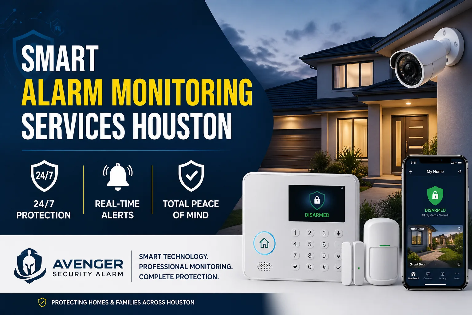 Smart alarm monitoring services Houston with 24/7 protection, real-time alerts, and peace of mind by Avenger Security Alarm