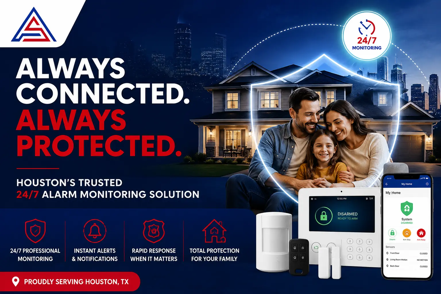 Alarm monitoring Houston TX service protecting a family with 24/7 home security monitoring and smart alarm system technology by Avenger Security Alarm.