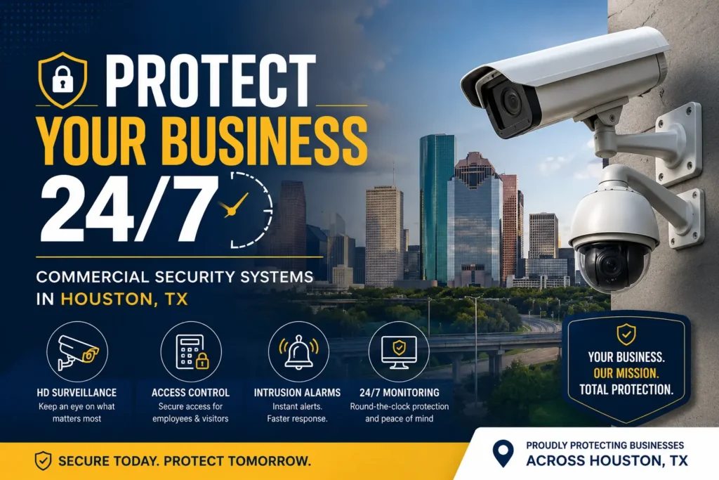 Commercial security systems in Houston TX with surveillance cameras, alarm monitoring, and business protection solutions for 24/7 security.