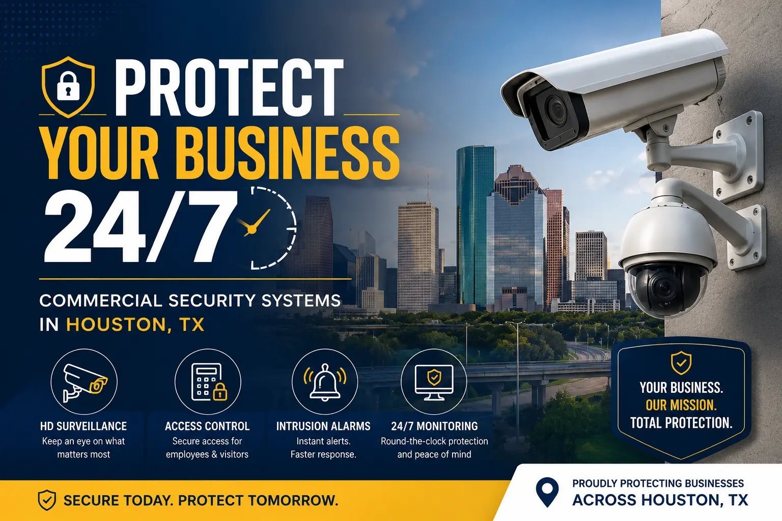 Commercial security systems in Houston TX with surveillance cameras, alarm monitoring, and business protection solutions for 24/7 security.