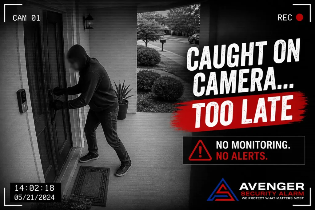 Security camera capturing daytime burglary at 2 PM showing need for home security Houston TX and alarm monitoring systems