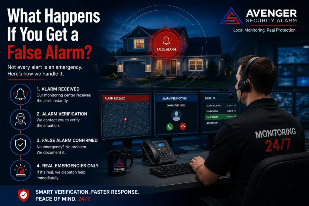 Alarm monitoring Houston service showing how false alarms are verified through 24/7 professional monitoring, emergency response, and fast alarm verification by Avenger Security Alarm.