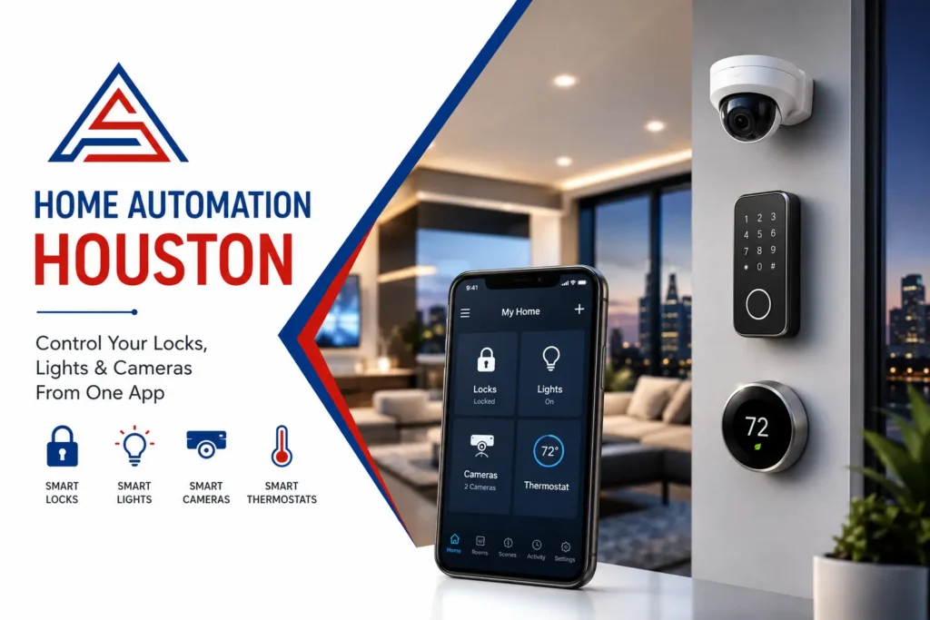 Home automation Houston system controlling smart locks, lights, cameras, and thermostat from one mobile app.