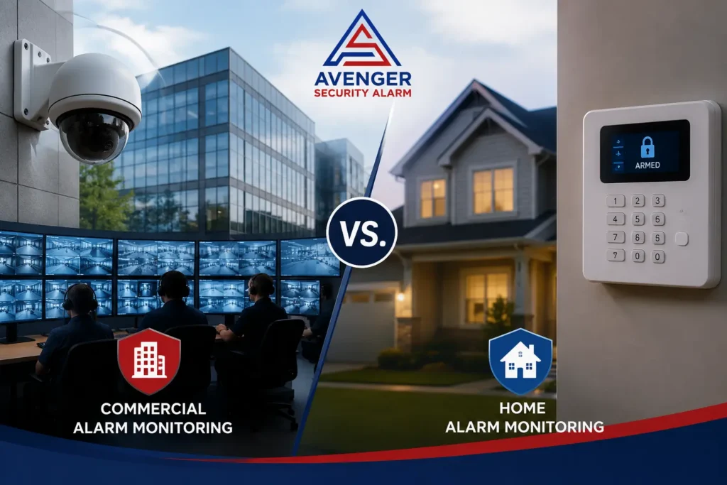 Commercial alarm monitoring vs home alarm monitoring for Houston businesses and homes by Avenger Security Alarm