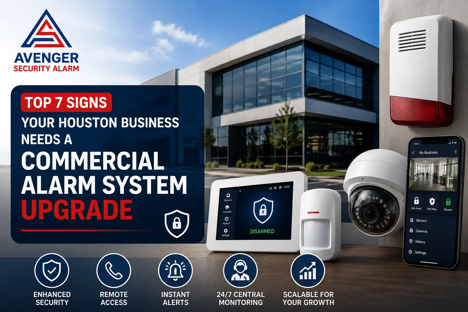Commercial alarm systems for Houston businesses with smart monitoring and security solutions by Avenger Security Alarm.