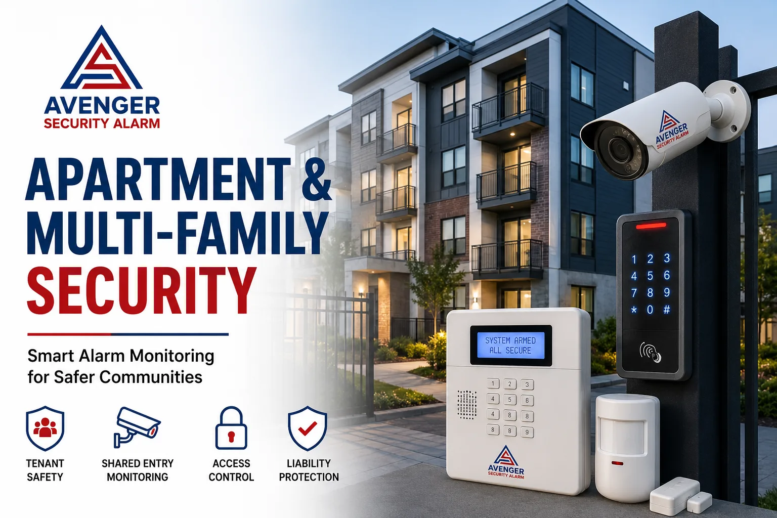 Multi-family alarm monitoring system securing an apartment complex entrance in Houston