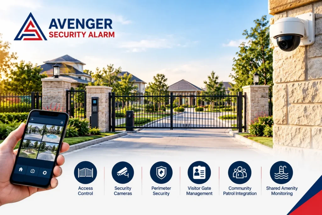 Gated community security systems with access control and security cameras
