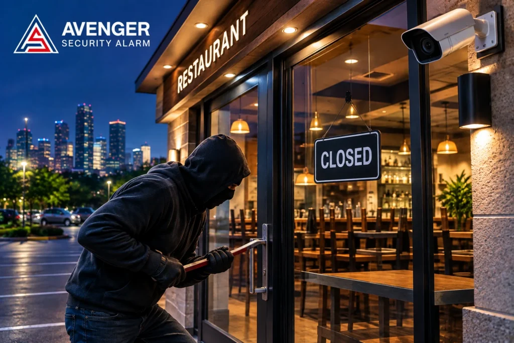 Restaurant theft prevention Houston with Avenger Security Alarm CCTV surveillance protecting a restaurant from break-ins.